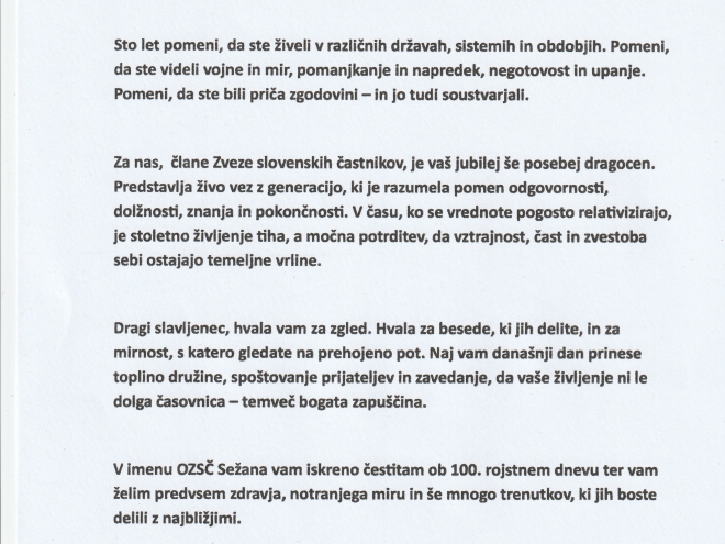 V imenu OZSČ Sežana, čestitka ob 100. rojstnem dnevu